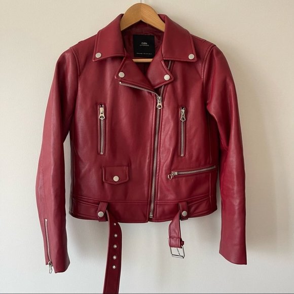 ❌SOLD❌ 𝅺zara Vegan / faux leather red motto biker jacket size small - Picture 3 of 8